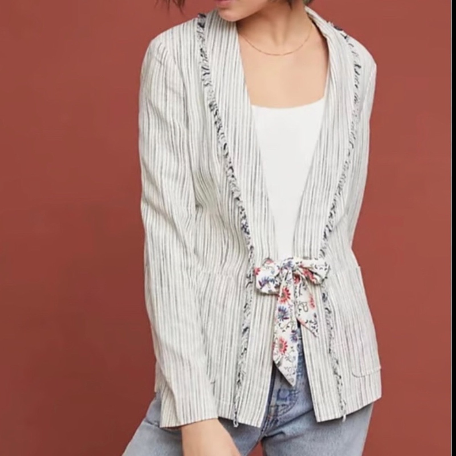 Anthropologie Cartonnier Rare Striped Fringed Linen White Blazer Women’s Size 8